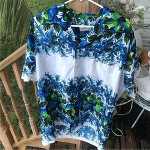 Haleaka Fashions Floral Hawaiian Shirt XL Blue Black Green Rayon Poly Vintage